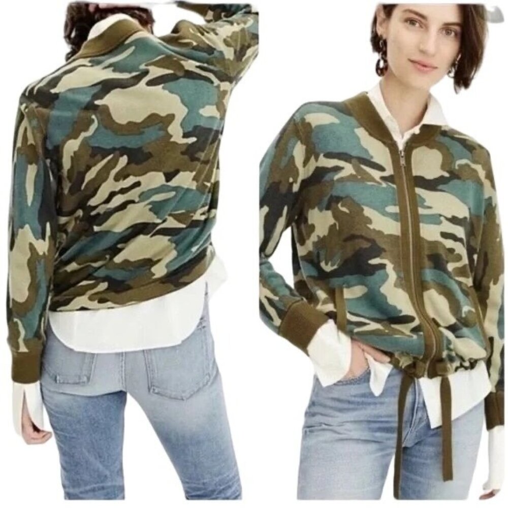 J Crew Womens Green Camouflage Wool Blend Full Zip Drawstring waist Sweater XS